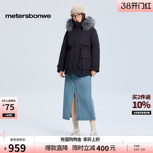 美特斯邦威羽绒服女冬季新款短款潮流派克式收腰毛领保暖棉服