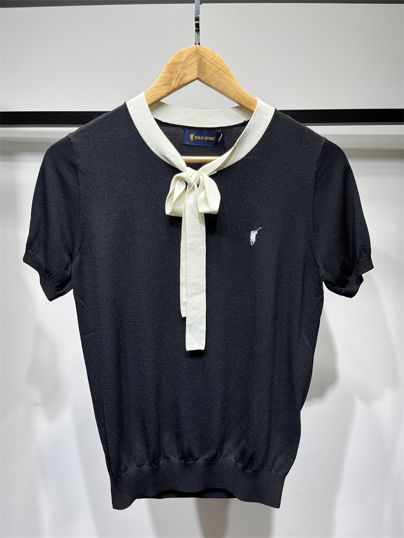 特价Polo Sport专柜正品女士时尚都市黑色蝴蝶结短袖针织衫