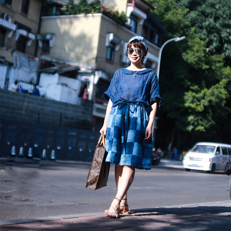 掌染草蓝染苎麻小方格束带半裙