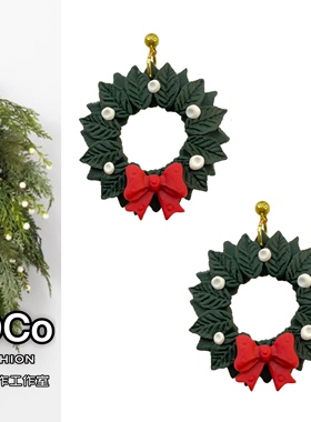 JOCo Fashion｜ins手工软陶耳饰圣诞祝福花环18K镀金925银针耳环