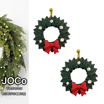 JOCo Fashion｜ins手工软陶耳饰圣诞祝福花环18K镀金925银针耳环