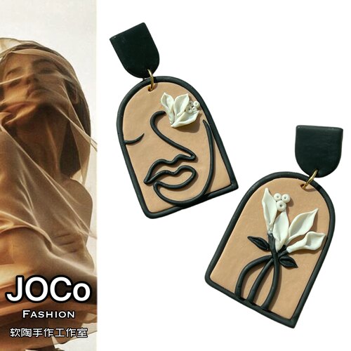 JOCo｜法式浪漫想象派马蹄莲线绘脸手工软陶耳环耳饰18K镀金耳针