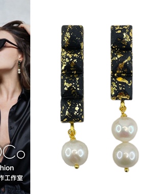 JOCo Fashion｜带刺的优雅淡水珍珠朋克风软陶耳环18K镀金耳针