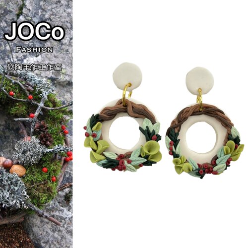 JOCo Fashion｜小众圣诞新年祝福花环软陶耳环手作首饰18K镀金