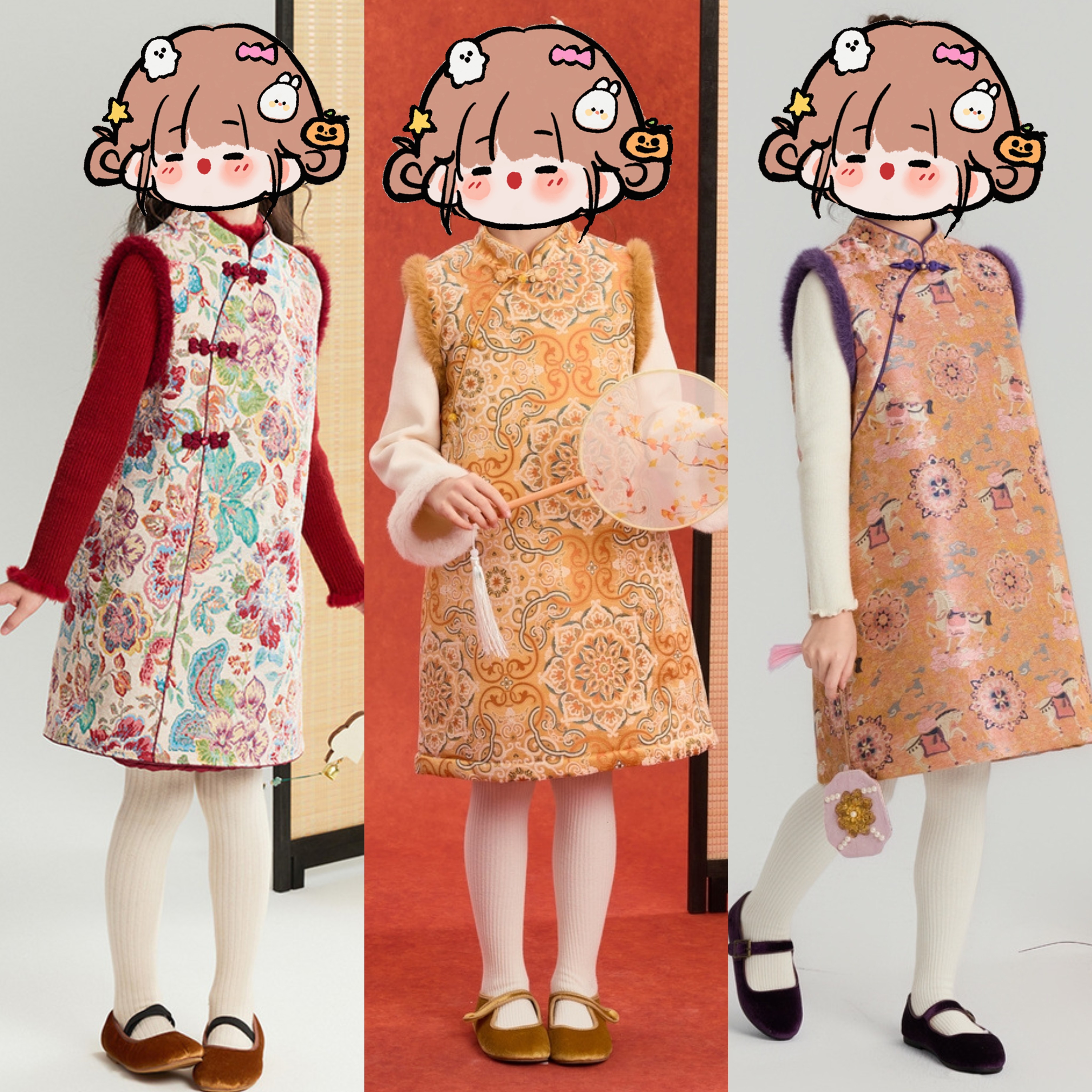 夹棉新中式旗袍裙~女童秋冬中国风旗袍 盘扣提花旗袍裙 红色年服