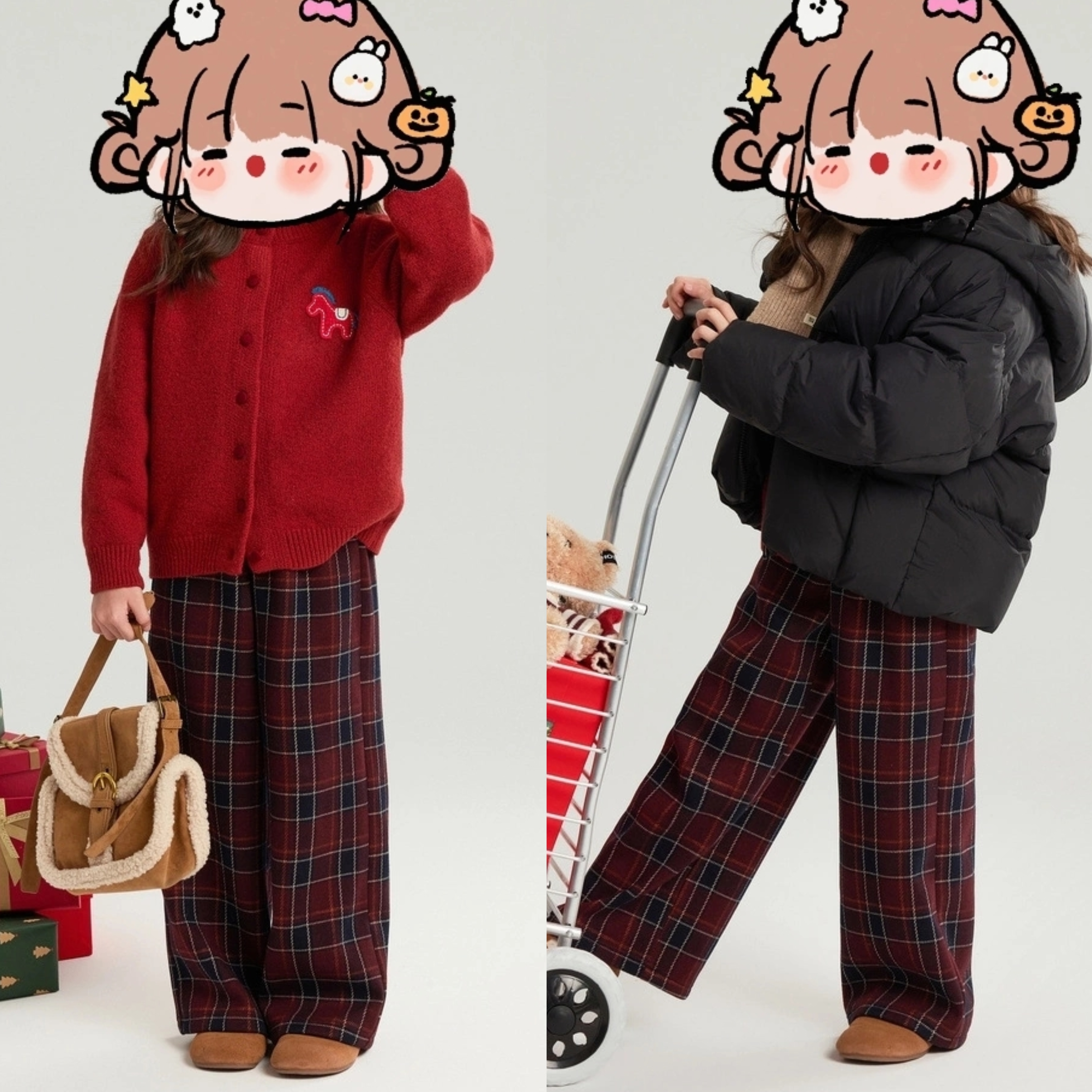 圣诞氛围感 120-170女童冬季微阔腿直筒裤一体加绒加厚复古格子裤
