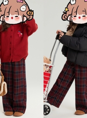 圣诞氛围感 120-170女童冬季微阔腿直筒裤一体加绒加厚复古格子裤