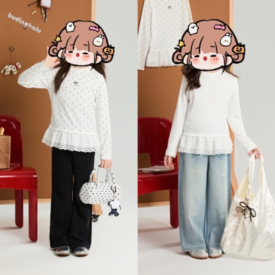 清新甜美 120-170白色波点蝴蝶结纯棉长袖T恤蕾丝拼接下摆打底衫