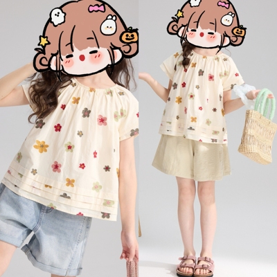 纯棉控推荐 110-170法式甜美风女童刺绣花朵小飞袖娃娃衫夏季衬衫