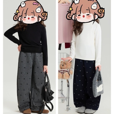 炒鸡好看！可亲子 冬季女童一体加绒加厚直筒阔腿裤 蝴蝶结花边裤