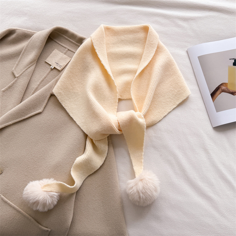 带球球针织围巾女纯色秋冬小披肩装饰毛线保暖中长款菱形护颈围脖