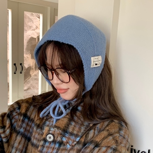 韩系复古红色针织包头巾女三角巾秋冬保暖护耳包系带骑行耳罩帽子