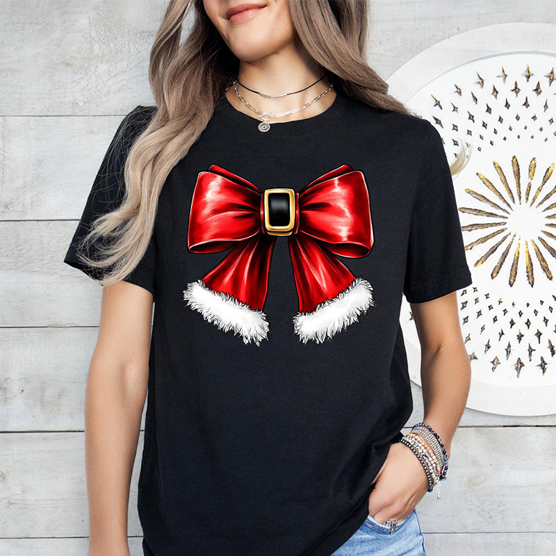 Christmas Santa Red Claus Bow Women T Shirt圣诞节服装女T恤棉