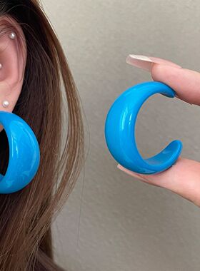 法式复古港风蓝色C形925银针流苏耳环轻奢高级感耳圈时尚百搭耳饰
