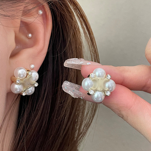 法式气质凯旋门珍珠方形925银针耳钉时尚百搭小众高级感耳环耳饰