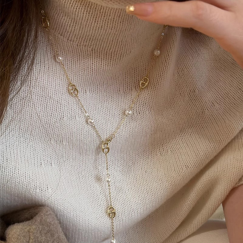 韩国简约长款猪鼻子珍珠项链ins设计感锁骨链Y型个性气质百搭项饰
