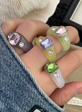欧美韩系果冻透色彩钻戒指时尚设计感指环个性甜美气质戒指
