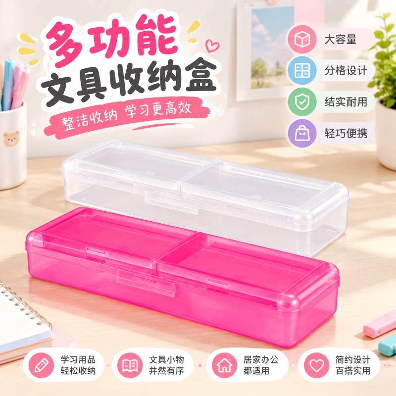 双层文具盒透明塑料多功能铅笔盒小学生儿童收纳盒美术生绘画笔盒