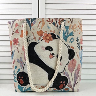 熊猫双面帆布金丝大容量图案单肩帆布包学生刺绣旅游HK国潮国潮风