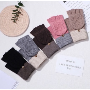 秋冬新款保暖骑行手套羊绒半指翻盖情侣针织提花几何提花成人