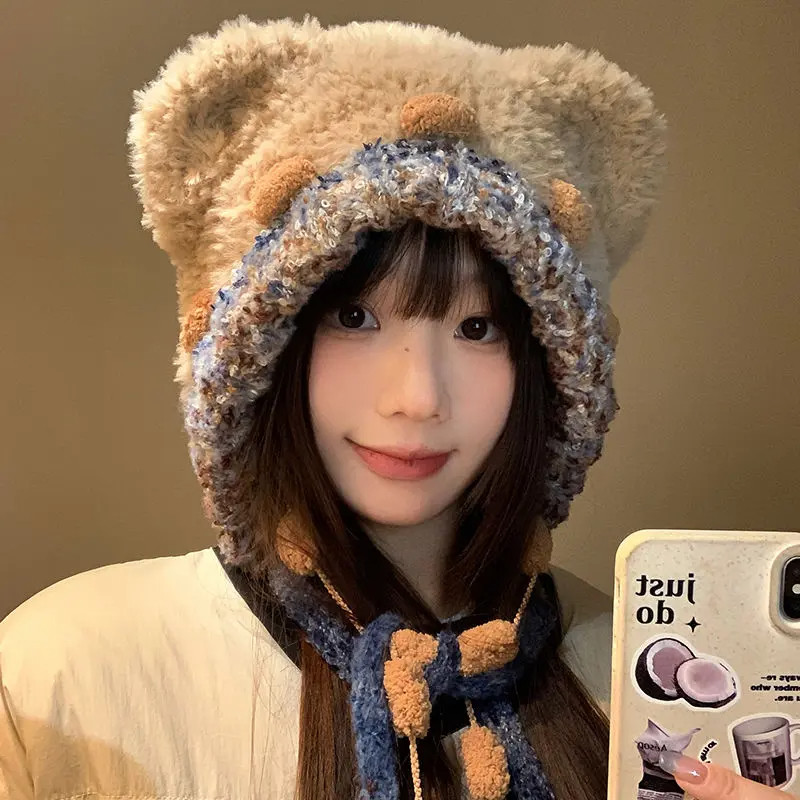 韩版甜美可爱小熊帽子女秋冬保暖显脸小护耳帽纽扣系带毛线帽百搭,运动/瑜伽/健身/球迷用品,棒球球迷用品,淘宝优惠券,粉丝福利购,淘宝优惠卷