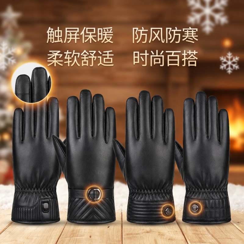 成人冬季加绒手套黑色触屏时尚户外滑雪骑车加绒加厚皮手套