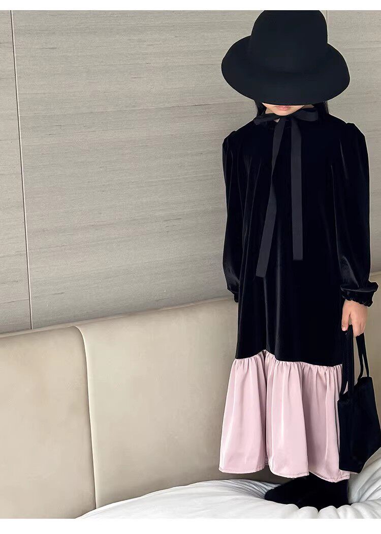 春秋冬新款女童丝绒连衣裙长袖小中大童拼接宽松气质长裙