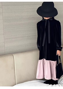 春秋冬新款女童丝绒连衣裙长袖小中大童拼接宽松气质长裙