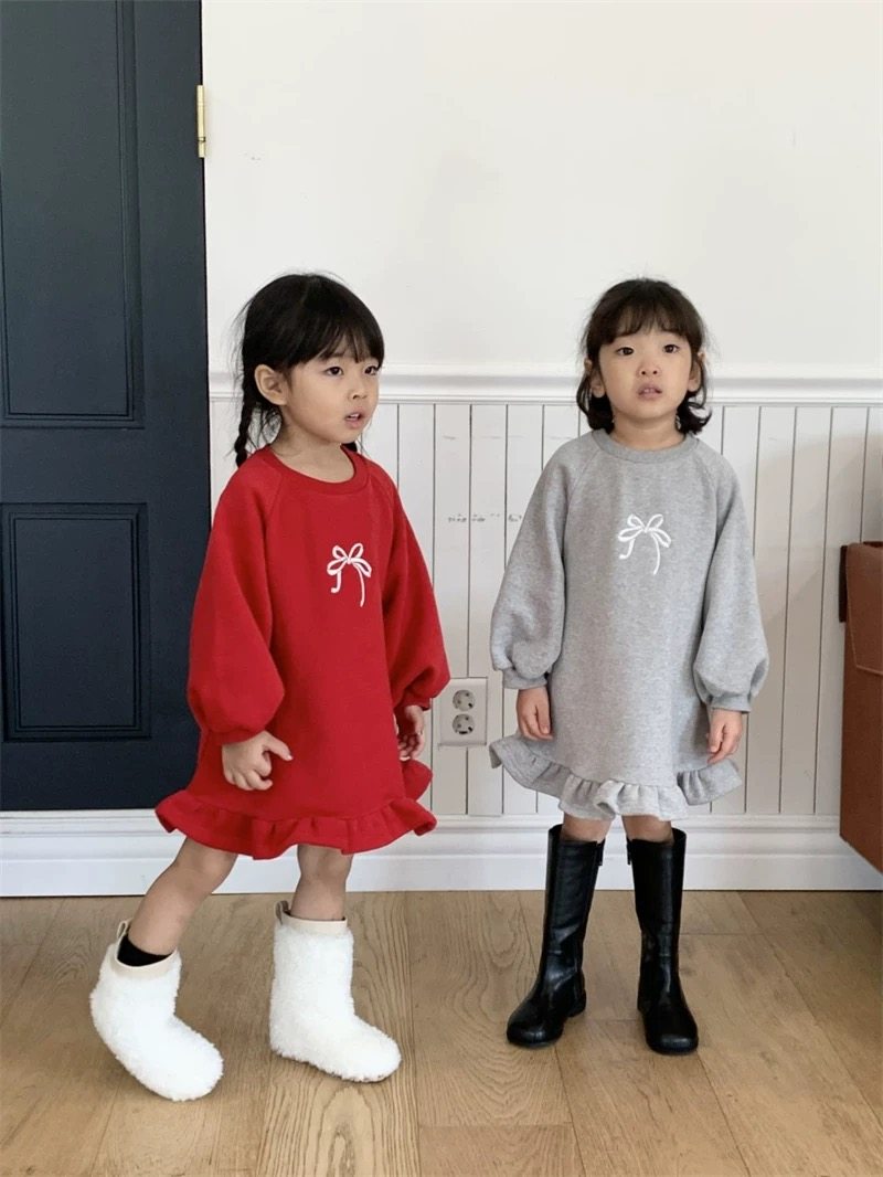 韩版童装秋冬女童宝宝蝴蝶结印花加绒连衣裙