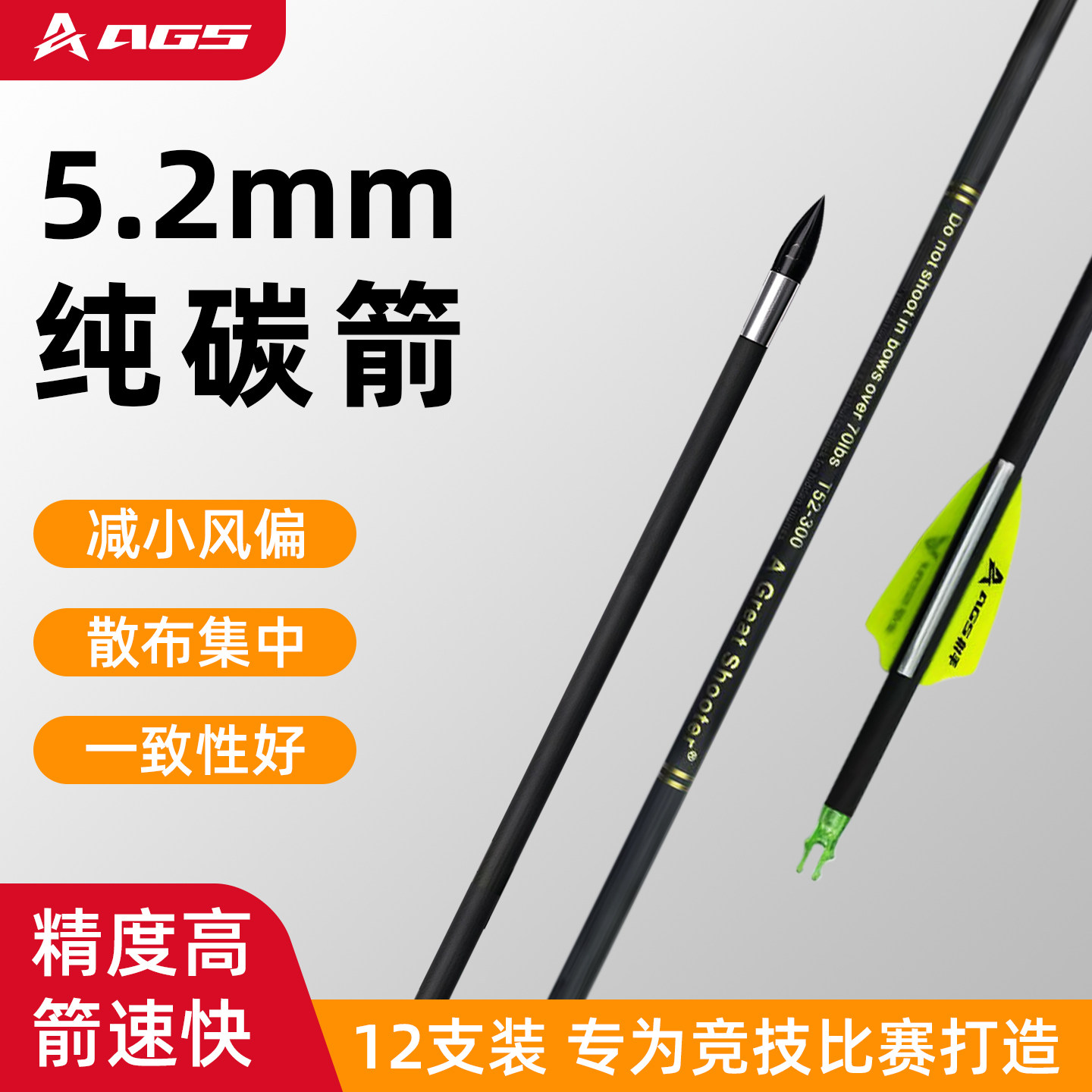 AGS纯碳素箭5.2mm复合弓箭支箭速快竞技户外反曲弓箭头千三直度
