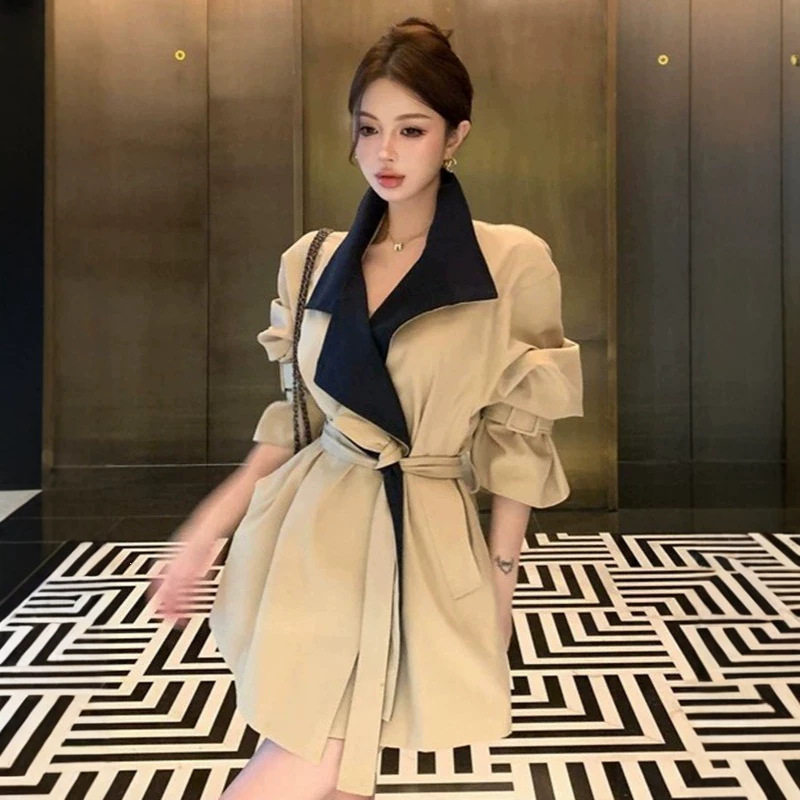 原版做法新款女装小个子复古风衣外套女气质撞色收腰翻领系带大衣