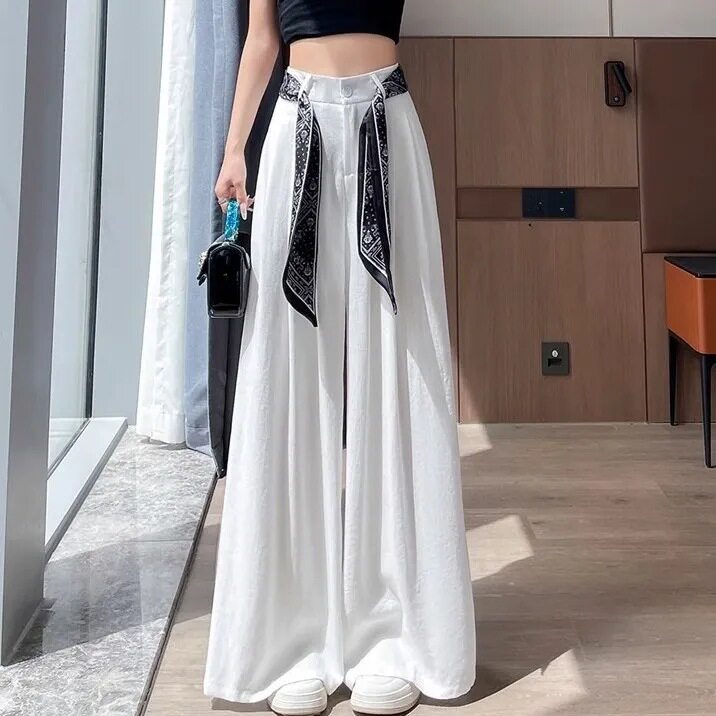 冰丝亚麻阔腿裤女夏季丝巾飘带西装裤高腰垂坠感棉麻山本裤