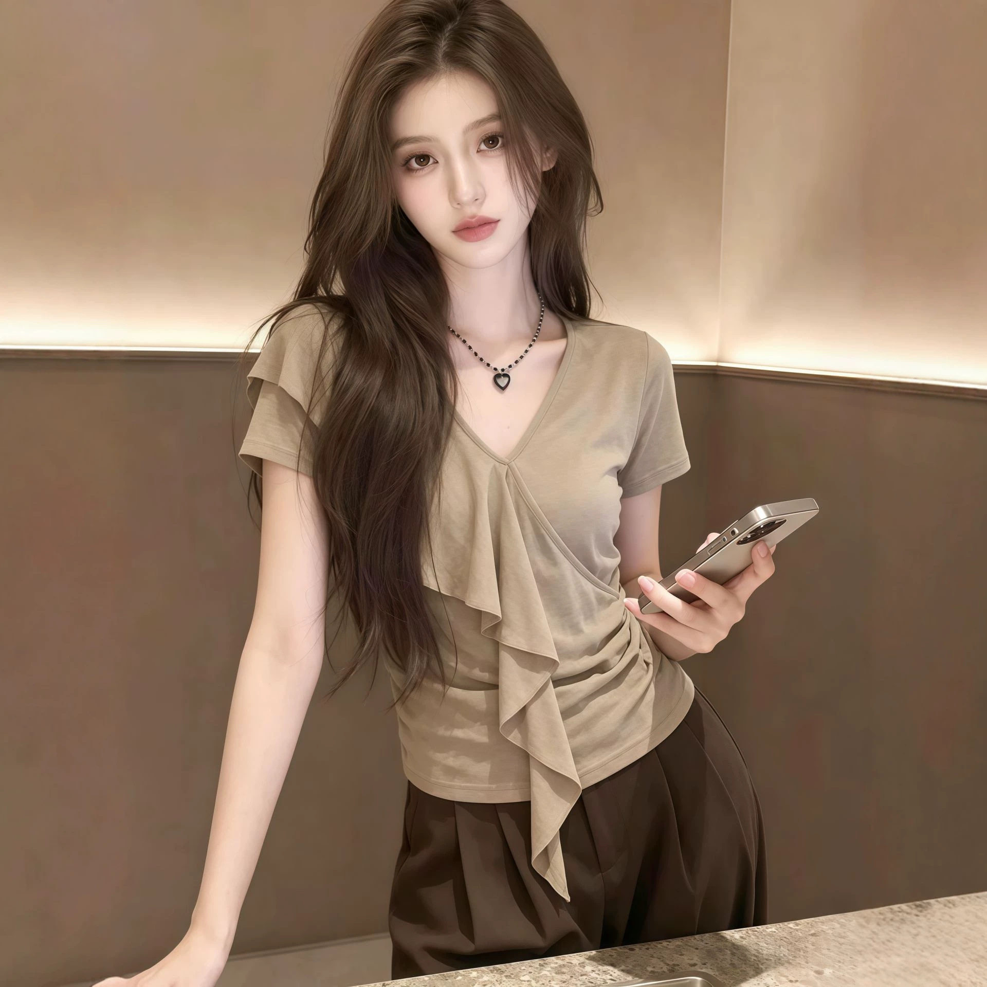 韩系V领短袖t恤女夏季设计感独特漂亮荷叶边不规则修身百搭上衣