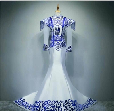 中国风模特舞台走秀年会主持商演比赛优雅青花瓷拖尾演出晚礼服
