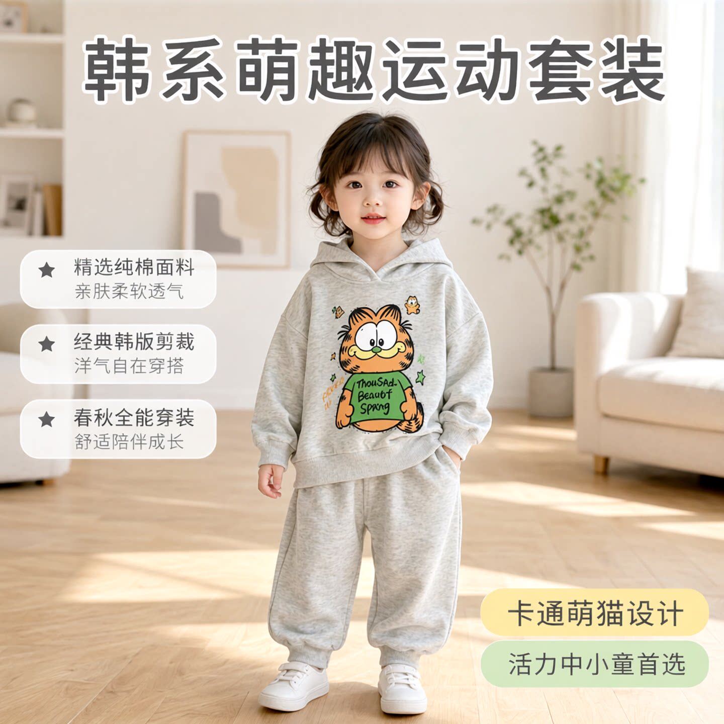 韩版儿童春秋季卫衣运动两件套棉洋气卫裤连帽中小童套装【卡通猫