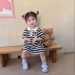 女童新款童装中小童短袖裙夏季连衣裙黑白条纹刺绣裙中长款上衣裙