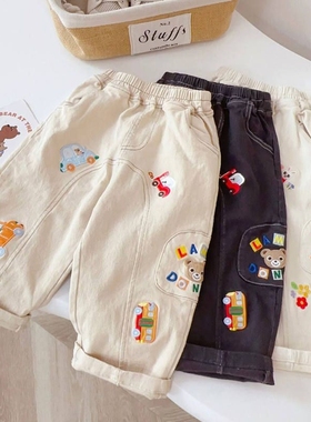 新款男童长裤子新款女童长裤休闲宽松卡通动物刺绣长裤0016A074