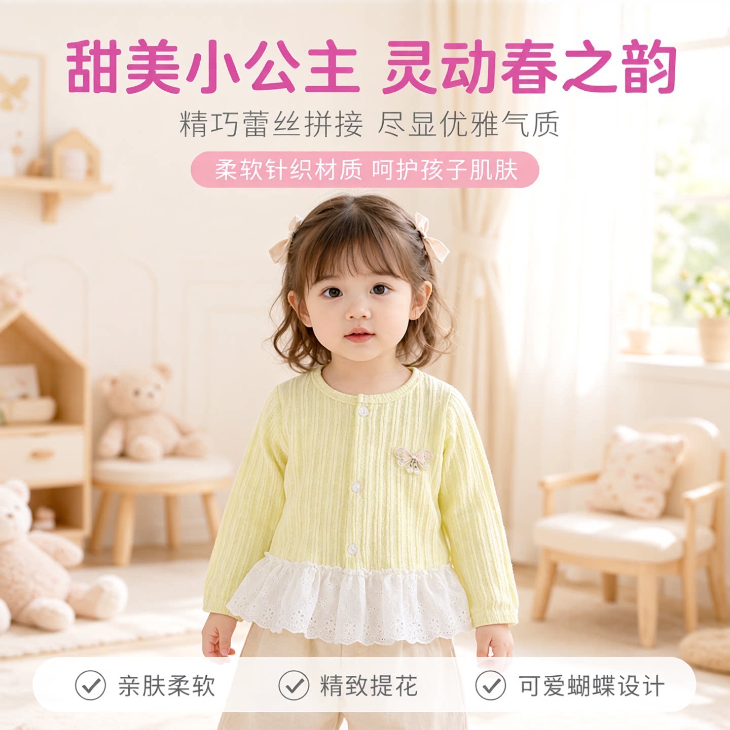 女童春秋款针织提花开衫外套女童长袖拼接蕾丝裙摆上衣可爱蝴蝶装