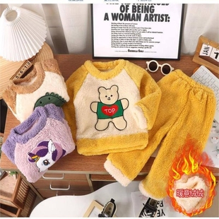 现货儿童法兰绒睡衣套装 中大童长毛加绒保暖家居服 男童女童秋冬款