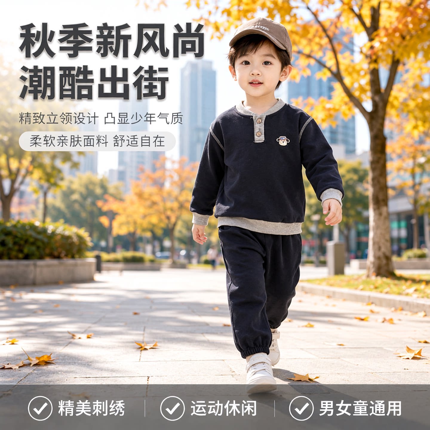 秋季新款休闲卫衣套装男女童绣花立领卫衣两件套中大童外穿运动服