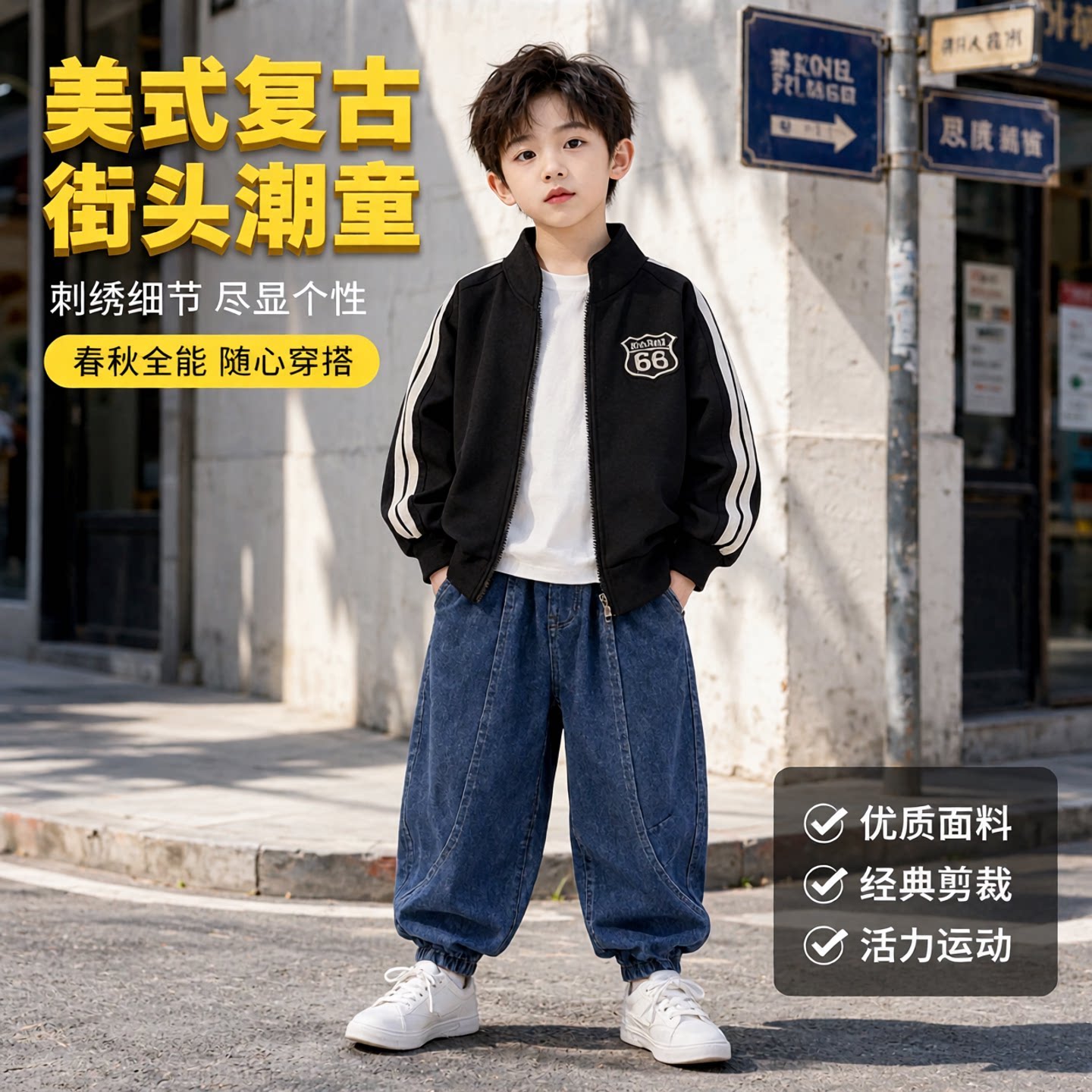 男童春秋款美式复古棒球服外套儿童刺绣数字拉链夹克运动开衫上衣