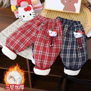 女童裤子三层加厚一条过冬卡通KT猫经典格子棉裤超厚学生百搭外穿