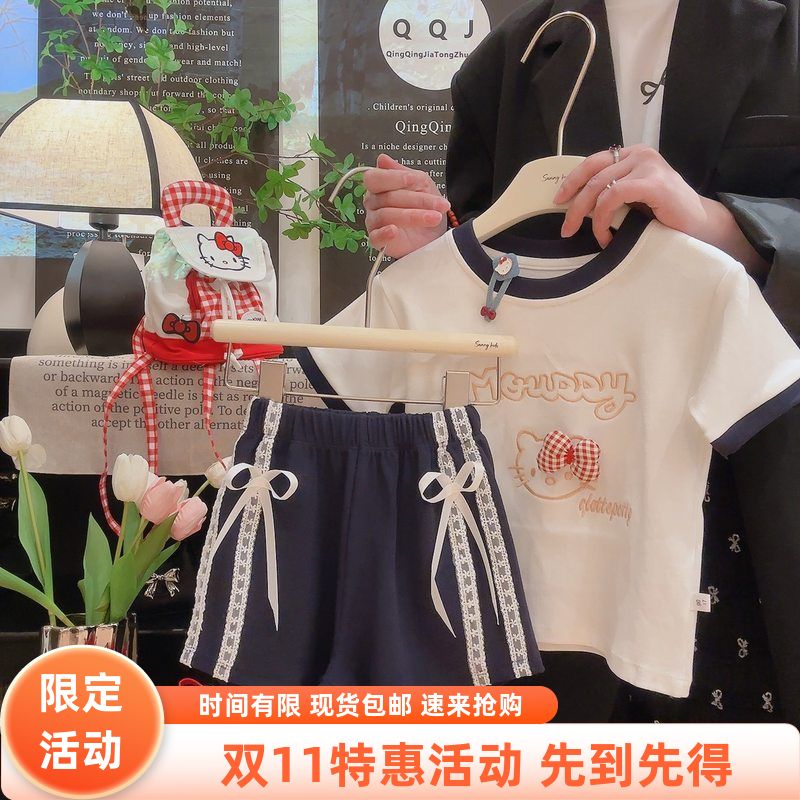 女童男童纯棉套装夏季新款立体结短袖蕾丝结短裤韩版甜美亲子套装