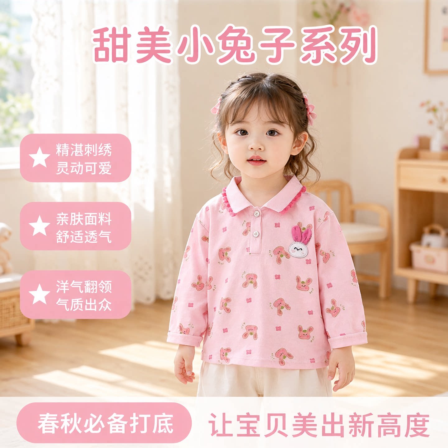 女童春秋长袖POLO衫卡通兔子刺绣翻领上衣中小童洋气印花打底衫