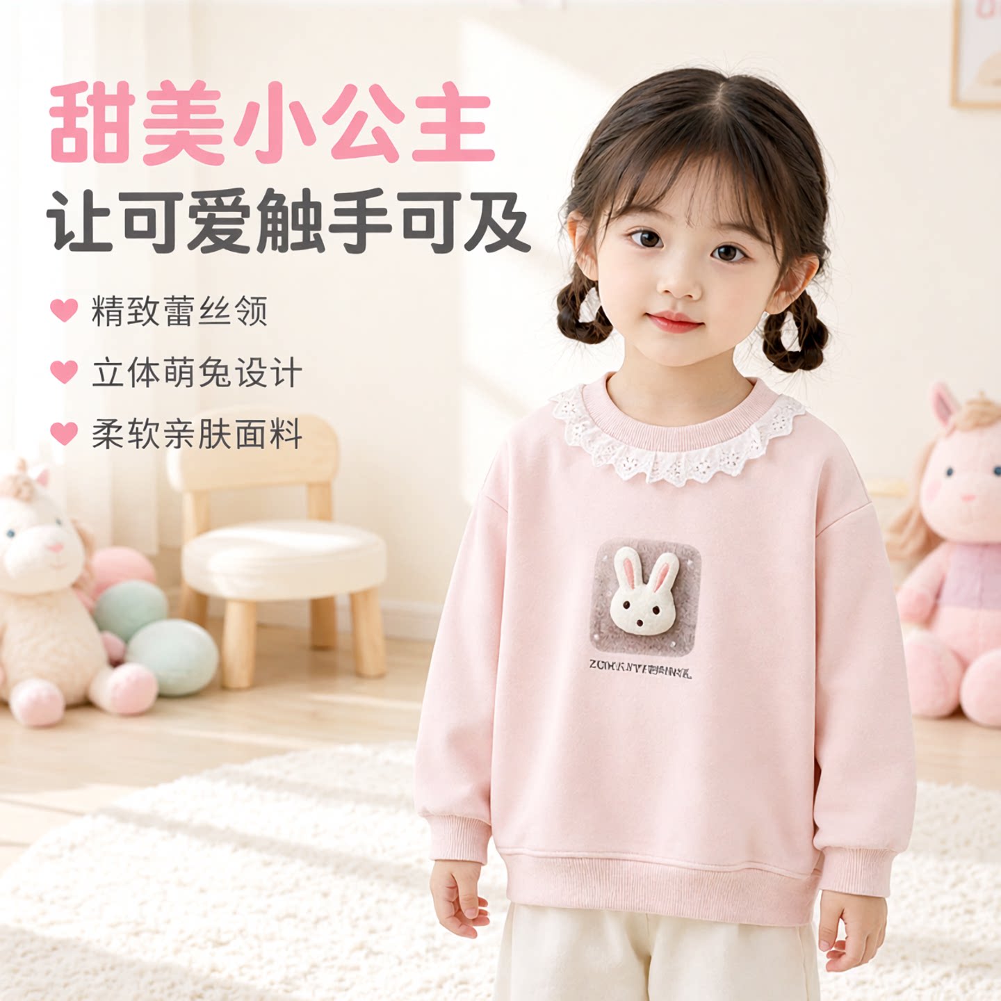 韩系女小童蕾丝花边领卫衣可爱立体小白兔长袖儿童百搭套头衫