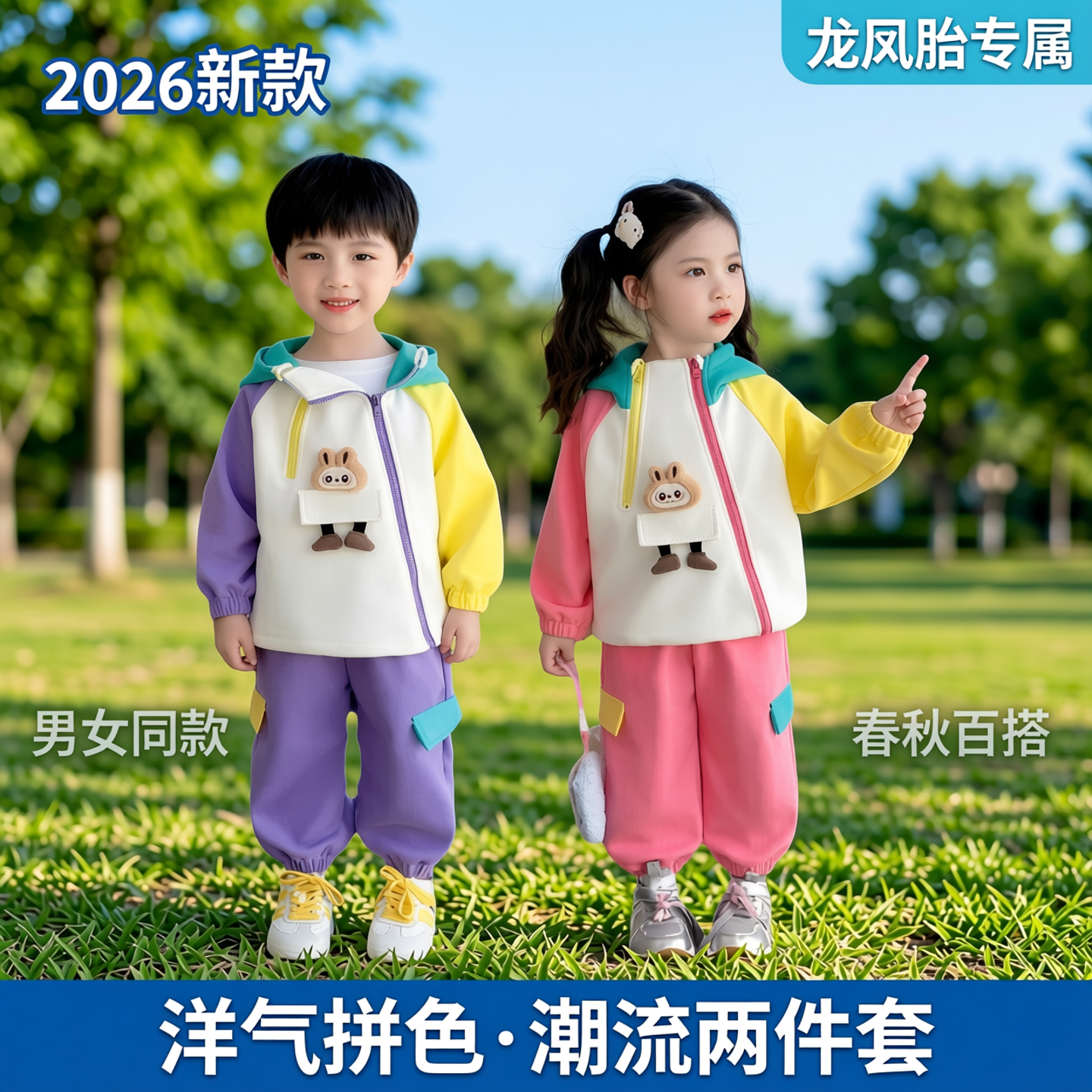 男女童龙凤胎卡通拼色运动套装春秋2026新款洋气中小童潮流两件套