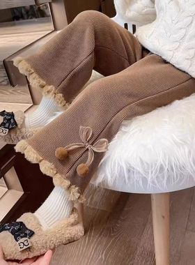 女童左悠毛球结阔腿裤秋冬季新款女宝宝韩版花边加绒加厚直筒裤子