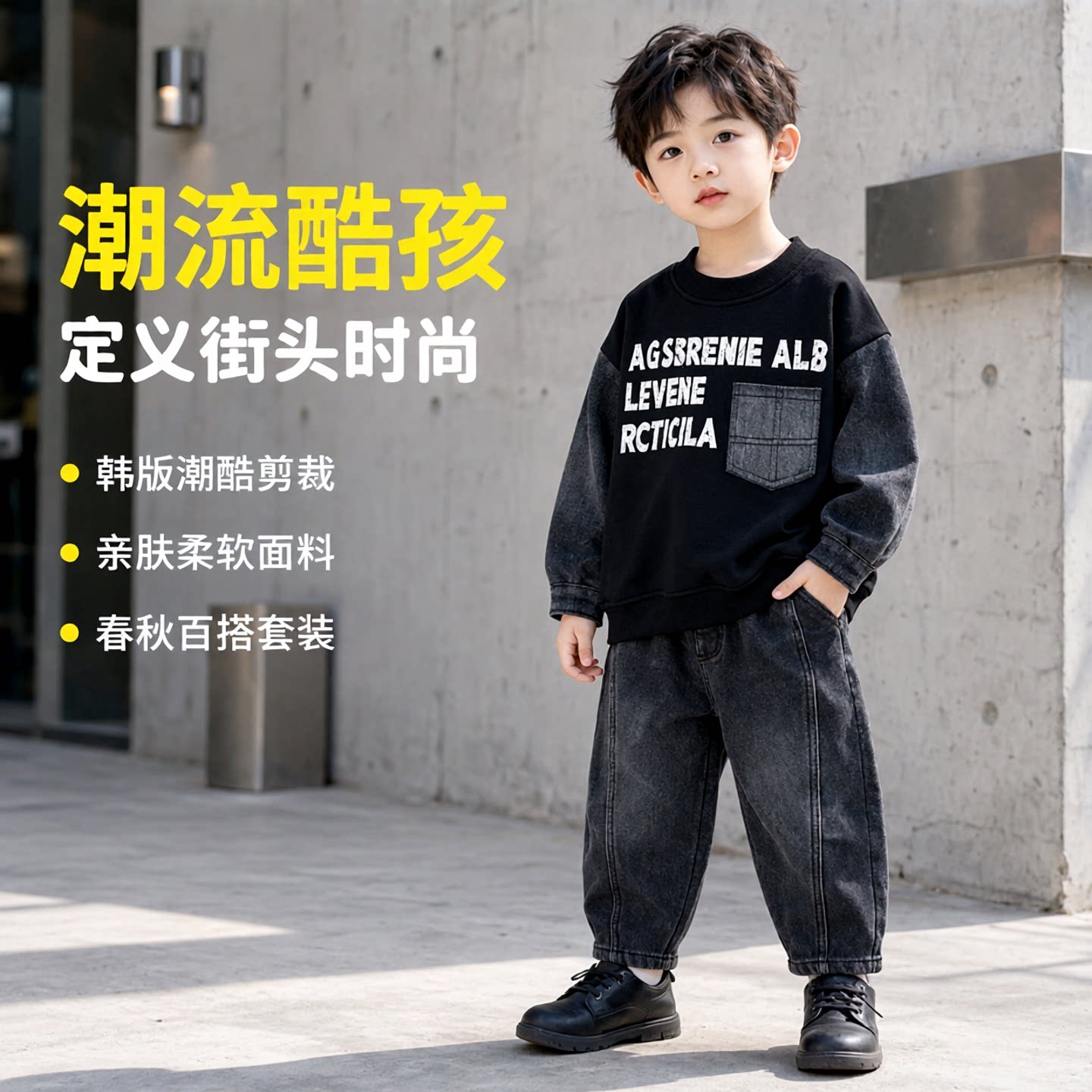 男童春秋套装2026新款中小童儿童韩版卫衣牛仔帅气洋气两件套潮流