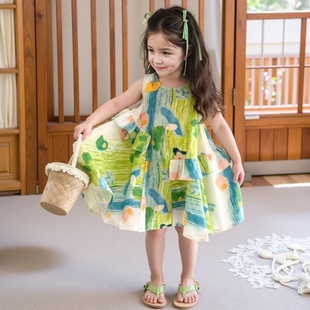儿童涂鸦裙子 洋气宝宝海边度假裙夏季 女童夏装 连衣裙2025新款