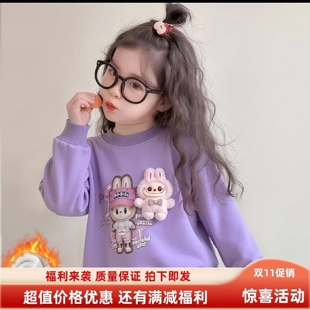 女童秋冬加绒印花卫衣儿童学生百搭休闲圆领宽松版长袖玩偶上衣